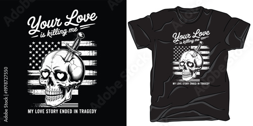 Skull with sword through head and heart eyes on flag, love story tragedy.
