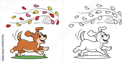 Cute puppy running and playing with blowing petals coloring page vector illustration colored and outline versions for kids