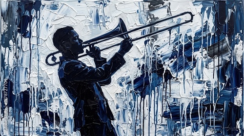 Trombone player silhouette silhouette against icy white and indigo thick paint layers. Palette knife oil painting textures, thick
