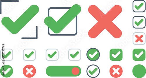 Check marks and crosses for confirmation and rejection symbols vector illustration on grey background.