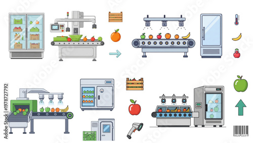 Automated Fruit Quality Control Conveyor Line with Vision Sensors and Cold Storage Refrigerator - Vector Illustration Set,  Vector illustrations of automated systems for fruit quality control, process