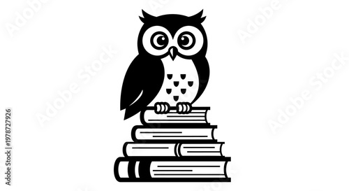 Illustration of owl sitting on books.