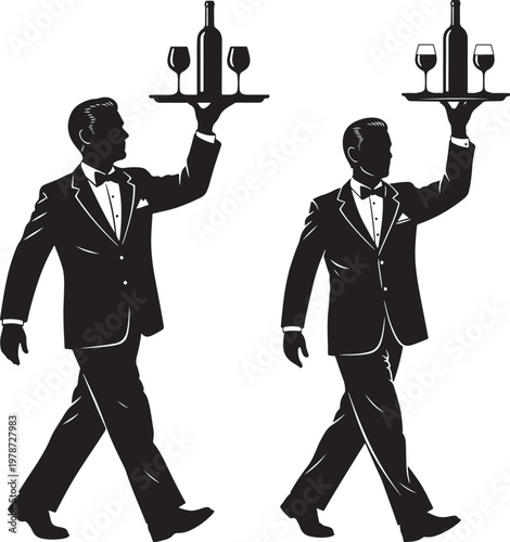 Waiter silhouette in tuxedo carrying tray with wine bottles and glasses food service bow tie silhouette restaurant hospitality celebration sommelier beverage illustration clothing gentleman