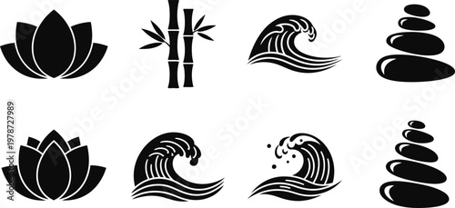 Zen garden elements a collection of black silhouette icons representing peace and tranquility