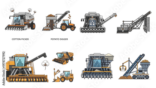 Modern Agricultural Harvesters and Industrial Equipment Collection, Combine, Cotton Picker, Potato Digger Vector Illustration Set, Vector illustrations depicting various modern agricultural