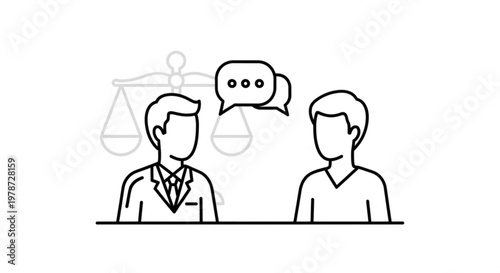 Lawyer and client discussing case with justice scales in background legal consultation concept