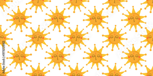 Seamless pattern with cute sun. Simple modern sun in boho style on white background. Perfect for posters, cards, fabric, kids summer design. Flat vector illustration.