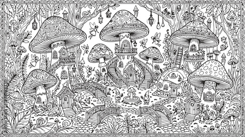 Magical mushroom village in enchanted forest coloring page for adults and kids