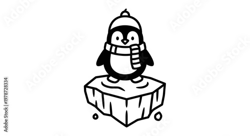 Cute penguin wearing winter clothing standing on ice.