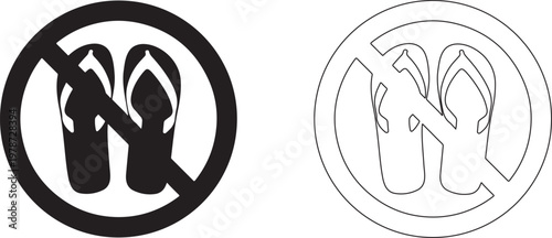 No flip flops, prohibited beach shoes, forbidden sandals icons, black and gray vector symbols