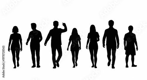 Group Of People Silhouettes Walking Together.