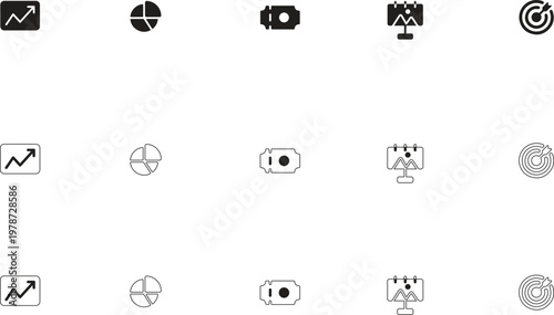 Set of business analytics and marketing icons featuring growth charts, pie graphs, tickets, billboard advertising, and target marketing symbols for professional design.