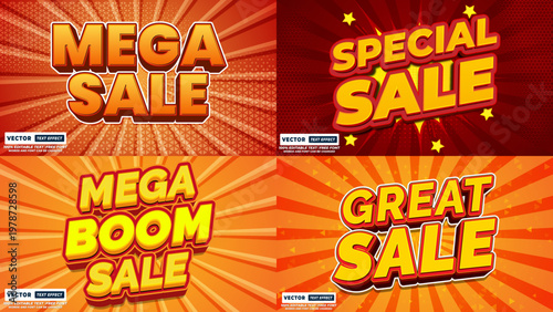 Bold sale advertisement editable text effect graphics with mega sale, great sale, bold text sale event, seasonal sale, limited time hot sale, save money price reduction, super sale big event promotion