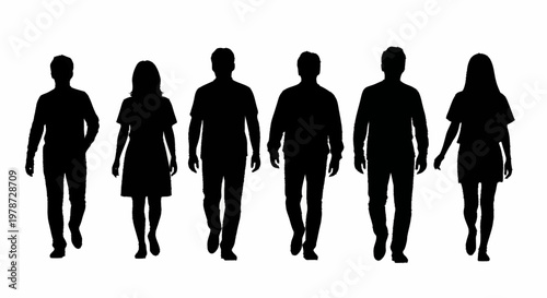 Group of diverse people walking together in silhouette.