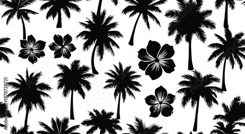 Seamless tropical palm tree silhouette pattern with black vector leaves and nature design for summer beach theme