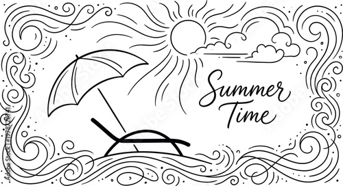 Summer time hand drawn lettering with beach umbrella, sun and clouds