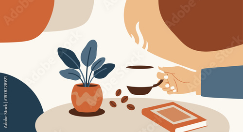 Coffee break with book and plant