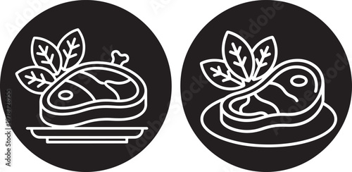 Two steak icons with greens on a black background white outline main course illustration restaurant decoration simplistic minimalist appetizer barbecue delicious appetizing grilling
