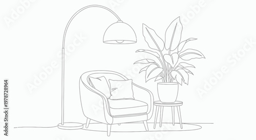 A minimalist line drawing depicts a comfortable armchair arched floor lamp and a large potted plant