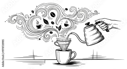 Coffee pouring into cup with steam and swirls
