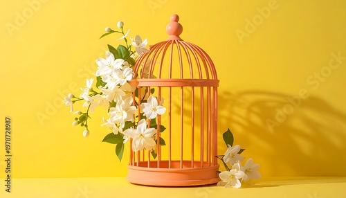 Bird cage with white flowers on yellow background