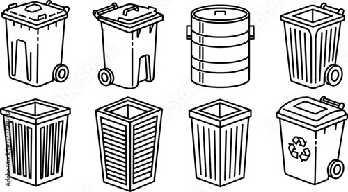 Set of various trash cans and recycling bins icons, vector illustration