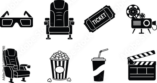 Black silhouette icons representing a cinematic experience movie theater elements and entertainment