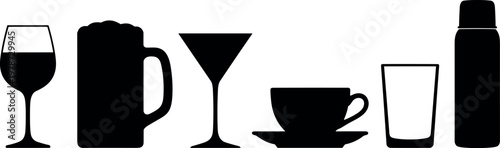 Set of silhouettes of various drinking vessels including wine glass, beer mug, martini glass, cup and thermos