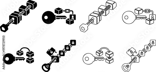 Set of small encryption and blockchain icons for minimalist web and mobile app interfaces