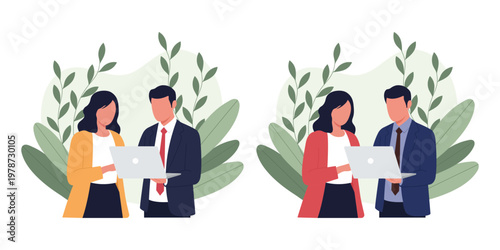 Business Professionals Working on Laptop Flat Vector Illustration