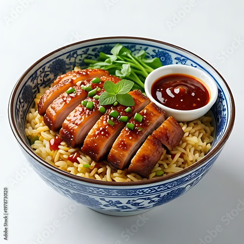 crispy duck rice bowl with sauce isolated on white background