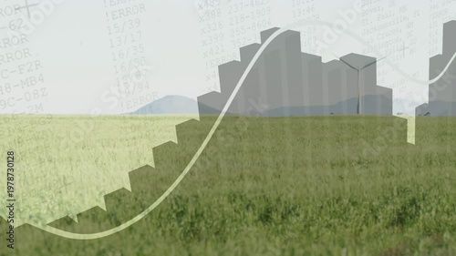 Animating layered graphic showing fence bars, blocky city, white curve, turbines over field