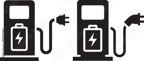 Electric vehicle charging stations with plugs and battery symbols electric car charging station ev charger energy supply green energy plug in power supply ev charger automobile transportatio