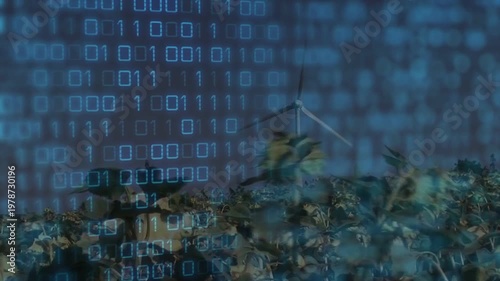 Two dark figures standing near horizon in sunflower field under binary overlay, turbine rotating