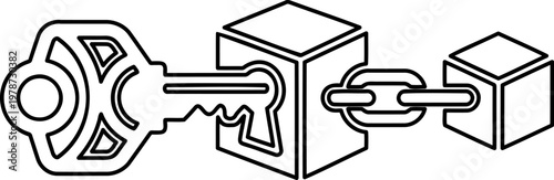 Secure block chain icon with key for cryptocurrency and decentralized data management