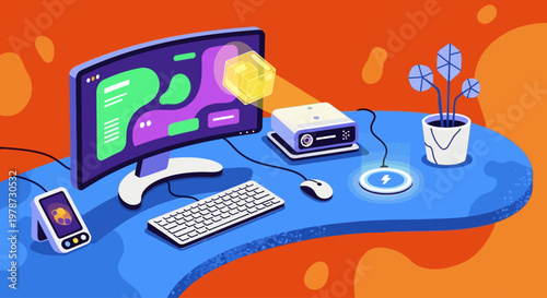 Modern workspace with computer and smart home devices