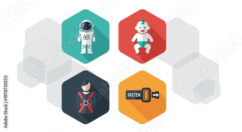 A colorful illustration depicts an astronaut a baby a pilot and a seatbelt buckle icon