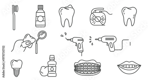 Dental health icons including tools teeth and mouth line art silhouette