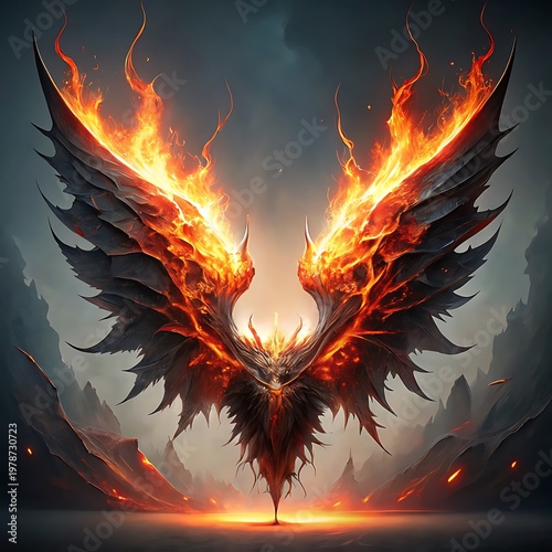 photorealistic burning demon wings on a white background