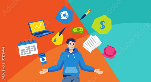 Multitasking man with floating office supplies