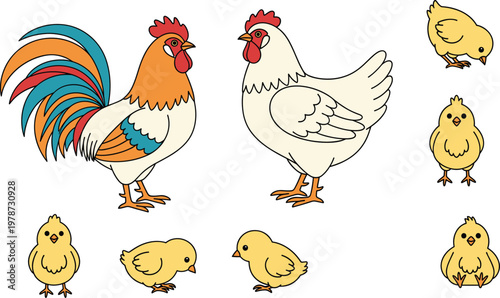 Farm Animal Vector Set Featuring Colorful Rooster White Hen and Cute Yellow Baby Chicks for Poultry Farming Illustration Projects
