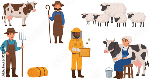 Organic Farming Vector Set Featuring Farmers Beekeeping Milking Cows Herding Sheep and Harvesting Hay for Agricultural Industry Commercial Illustration