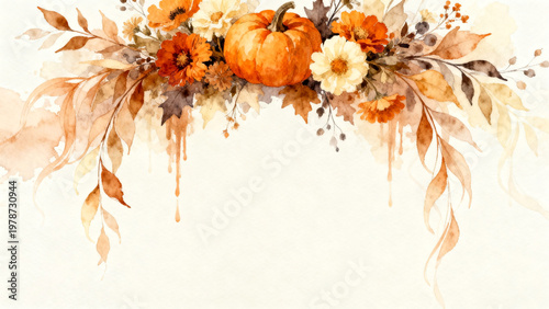 Top Border Watercolor Autumn Pumpkin Leaves Frame Soft Cream Background.