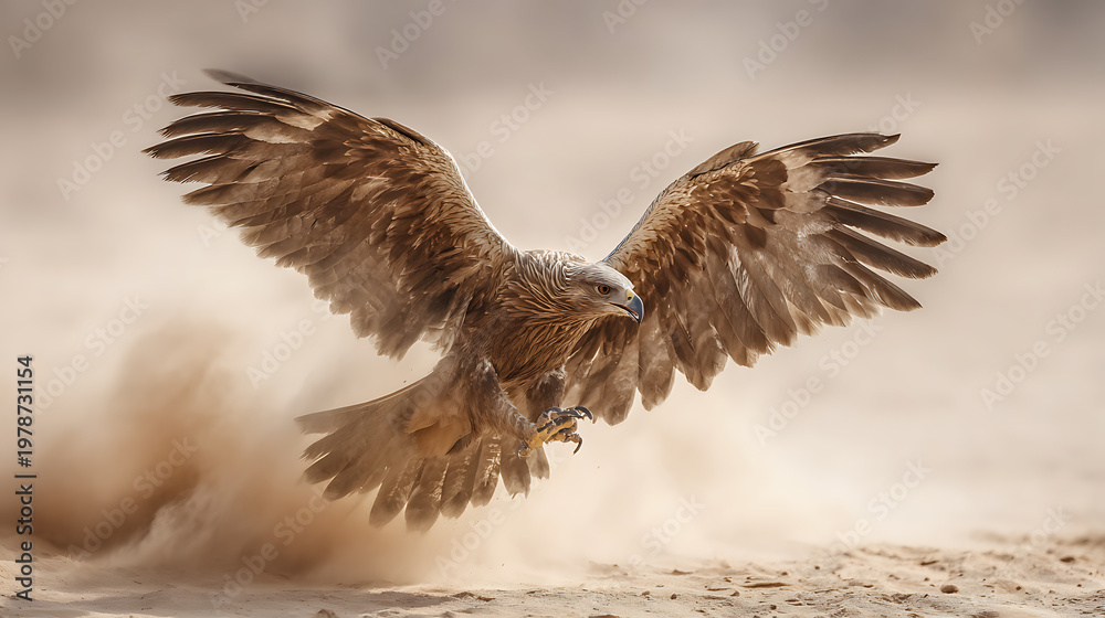 Fototapeta premium A brown eagle landing on sandy ground with wings spread wide in a desert environment with dust