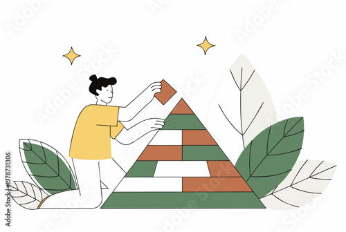 Man building a block pyramid with leaves and stars. Retirement planning and long-term investment concept. Minimalist style vector illustration