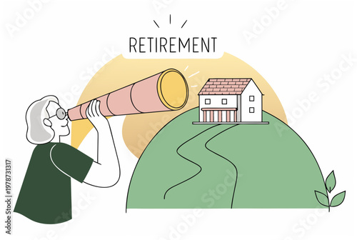 Woman looking through telescope to house on hill. Retirement planning and long-term investing concept. Vector illustration for banner, website