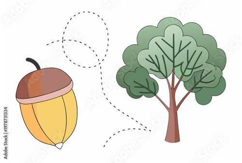 Acorn and tree with dashed line. Retirement planning and long-term investment concept. Growth icon. Vector illustration for financial graphic