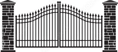 Black metal gate, wrought iron fence, brick pillar entrance, decorative spikes, security barrier
