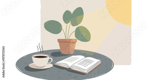 Cozy morning still life with coffee, book and plant