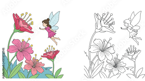 Cute little fairy flying among large pink flowers coloring page and colored vector illustration for kids' activity book
